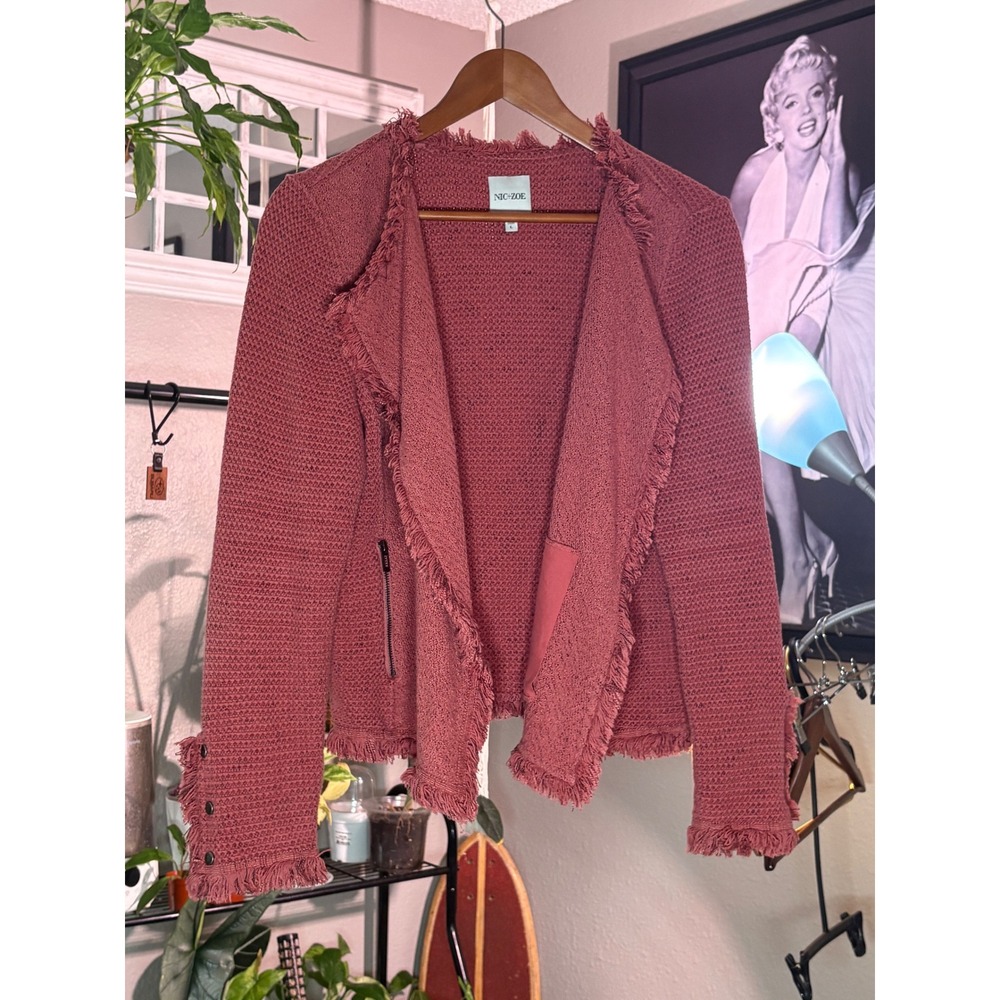 Nic+Zoe Knit Jacket Womens Large Pink Fringe Trim Open Front Moto Style Boho - Picture 2 of 11